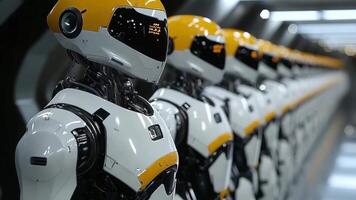 A row of robots lined up in a row in a tunnel video