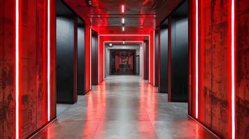 A long hallway with red lights on the walls video