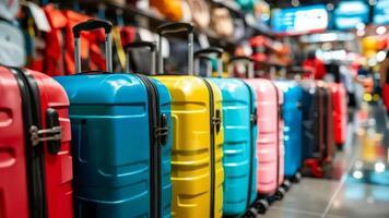 A row of colorful suitcases lined up in a store video
