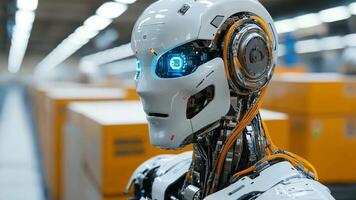 A robot with a blue light on its head in a factory video