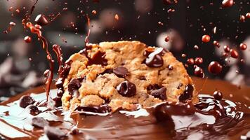 A chocolate chip cookie with chocolate sauce splashing out of it video