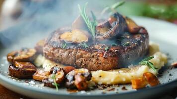 A steak with mushrooms and mashed potatoes on a plate video