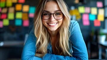 A woman wearing glasses sitting at a table with sticky notes on it video