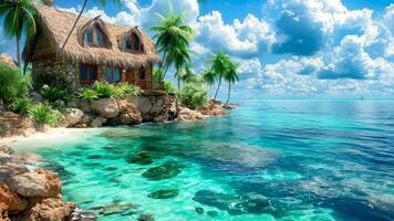 A house on a tropical island in the middle of the ocean video