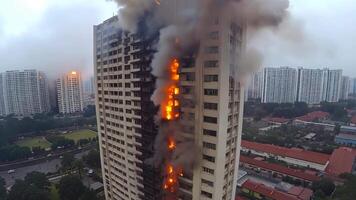 A tall building on fire in the middle of a city video