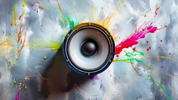A speaker with colorful paint splatters coming out of it video