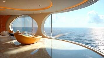 A living room with a view of the ocean from inside of a boat video