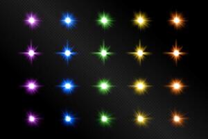 Set of multicolored light bursts. Realistic colorful flash and glare. template on transparent background. Bright glowing rays. Explosion glow illustration. vector