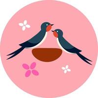 Two swallows in the nest on the pink background. vector