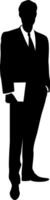 Man in business suit in standing pose with laptop in his hand in black and white colors. vector