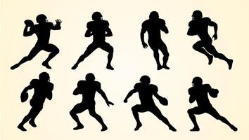 Silhouettes of American football players in various action poses, depicting passing, running, and defensive stances. The figures are shown in dynamic motion, highlighting athleticism and strategy. vector