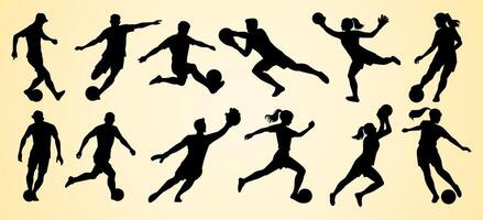 This image features silhouettes of soccer players in various active poses, including kicking, dribbling, and goalkeeping. Both male and female athletes are represented, showing dynamic movement. vector