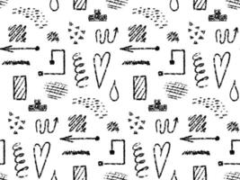 Chalk brush lines, arrows seamless pattern. Crayon grunge elements, circle, heart, abstract, square, frame, cross. Hand drawn pencil scribbles background. texture vector