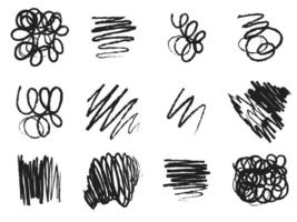 Black charcoal strokes, lines, squiggle, swirls and shapes set. Hand drawn abstract shapes and lines drawn with pencil or charcoal. Circles, scribbles and smears. vector
