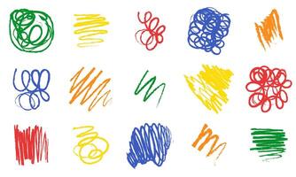 Colorful charcoal strokes, lines, squiggle, swirls and shapes set. Hand drawn abstract shapes and lines drawn with pencil or bright colored charcoal. Circles, scribbles and smears. vector