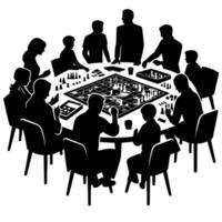 Silhouette of people playing a board game at a table vector