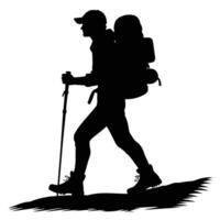 Silhouette of a hiker with backpack and trekking poles vector