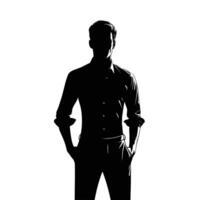 Silhouette of man in shirt and pants standing in front of white background vector