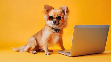 A small dog wearing sunglasses sitting next to a laptop computer video