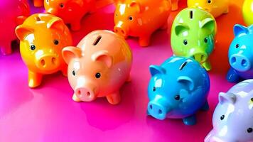A group of colorful piggy banks lined up in a row on a pink surface video