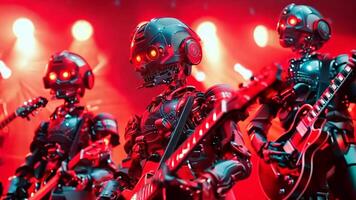 A group of robots playing guitars on a stage video
