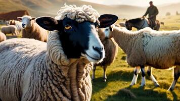 A herd of sheep standing on top of a lush green field video