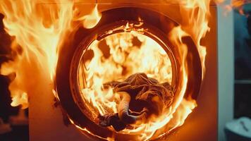A burning washing machine with a pile of clothes inside of it video