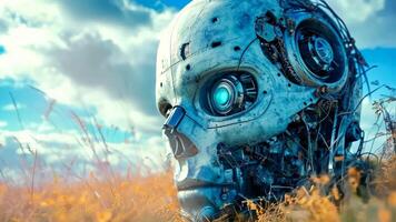 A robot head in a field of tall grass video
