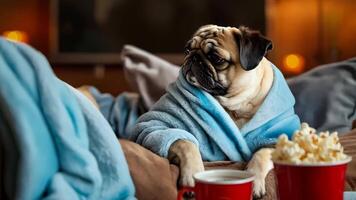 A pug dog wrapped in a blanket sitting on a couch with a cup of popcorn and a mug of coffee video