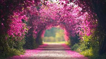 A tunnel of pink flowers in the middle of a road video