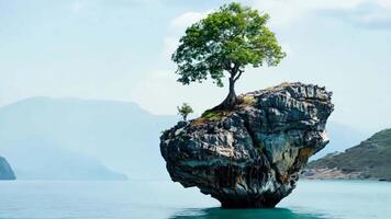 A lone tree on top of a rock in the middle of the ocean video
