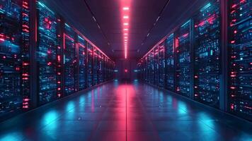 A long hallway in a server room with rows of servers video