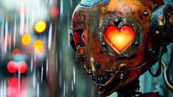 A robot with a heart shaped face in the rain video