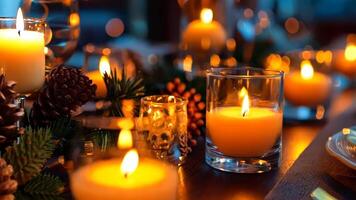 A table set for a dinner party with candles and pine cones video