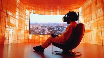 A man sitting in a chair in front of a large screen with a city view video