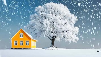 A small yellow house in the middle of a snowy field video