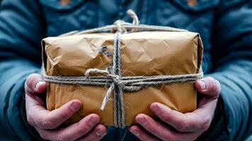 A person holding a parcel wrapped in brown paper and tied with twine video