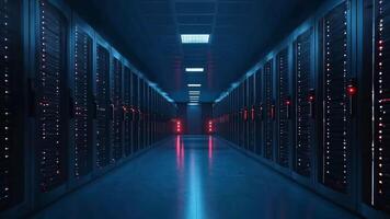A long hallway in a server room with rows of servers video