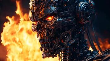A close up of a robot with red eyes in front of a fire video