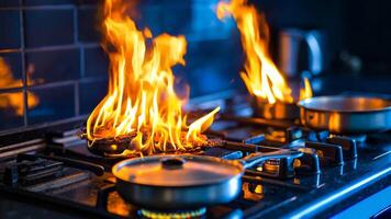 A stove top with a frying pan on fire in the middle of it video