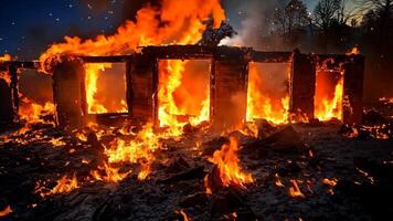 A house is engulfed by flames in the middle of a field video