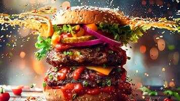 A large hamburger with a lot of toppings on top of it video