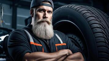 A man with a long beard standing in front of a tire video