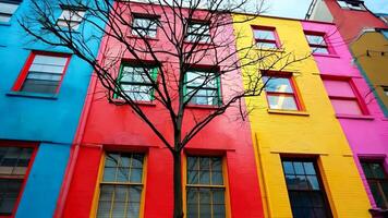 en färgrik byggnad med en träd i främre av den video