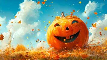 A jack-o-lantern in a field of autumn leaves with a blue sky in the background video