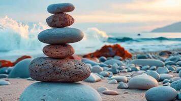 A stack of rocks on a beach with the ocean in the background video