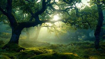 een Woud gevulde met veel van bomen gedekt in groen mos video