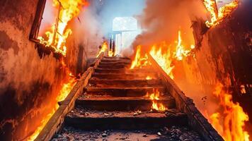 une ensemble de escaliers dans une bâtiment cette est englouti dans flammes video