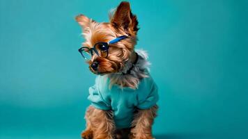 A small dog wearing glasses sitting on a blue background video