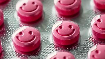 A close up of a pack of pills with smiley faces on them video